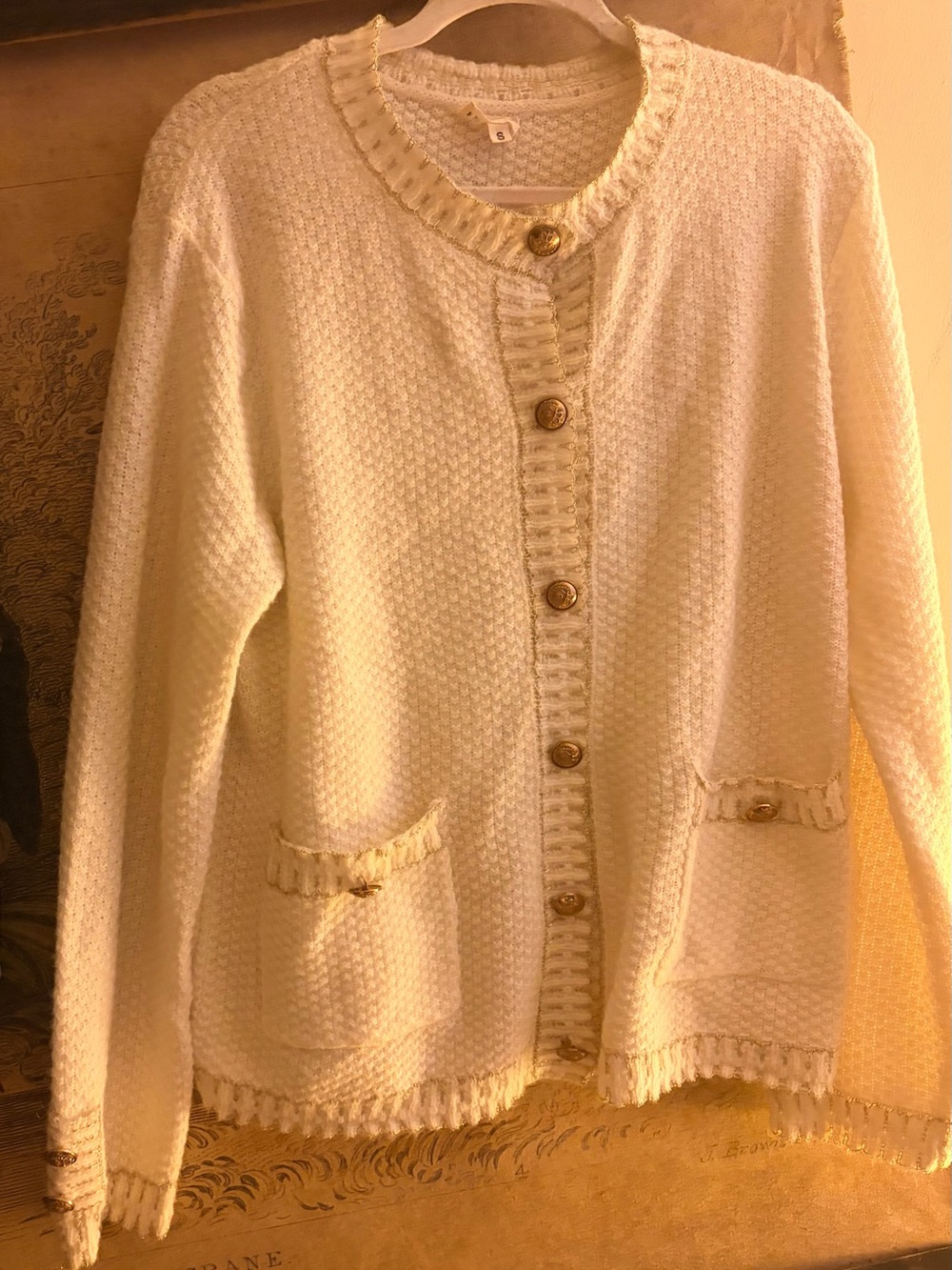 * POL Winter White Knit Cardigan with Gold Buttons Trim SZ Oversized Small *